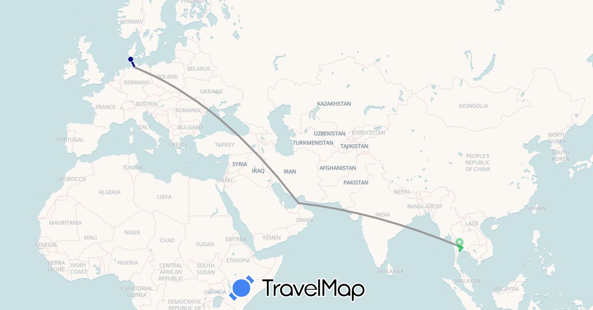 TravelMap itinerary: driving, bus, plane in United Arab Emirates, Germany, Denmark, Thailand (Asia, Europe)