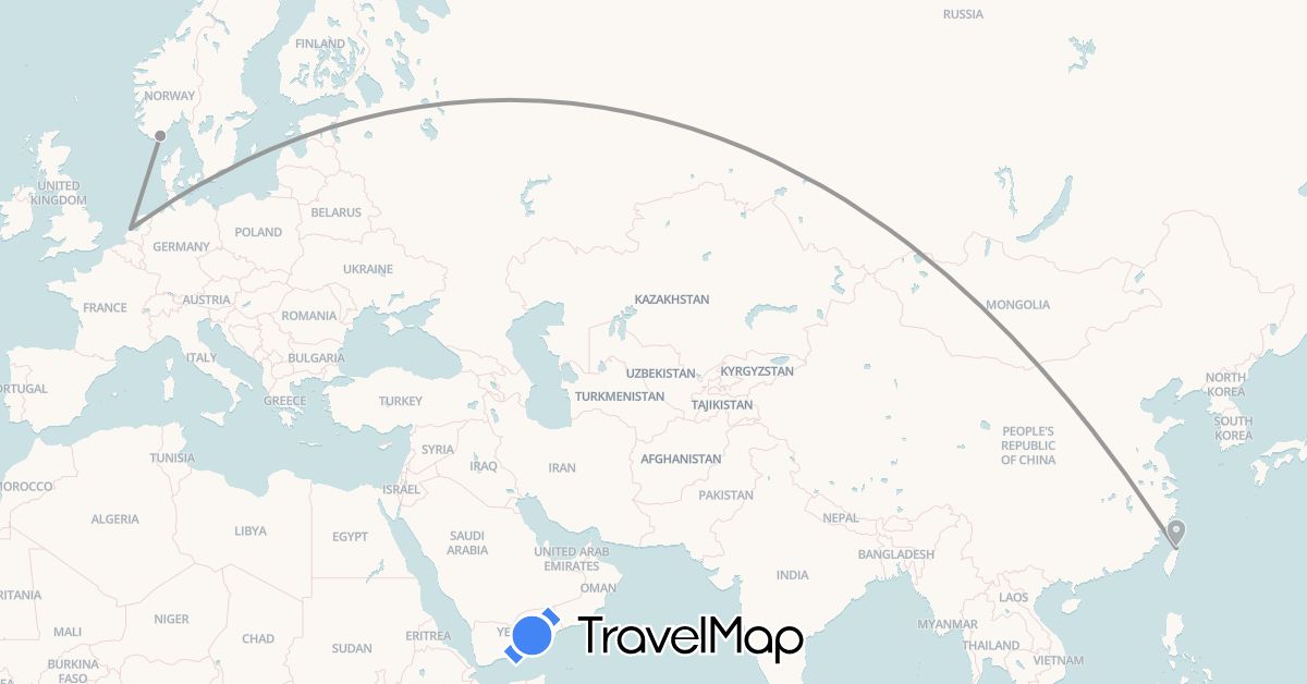 TravelMap itinerary: driving, plane in Netherlands, Norway, Taiwan (Asia, Europe)